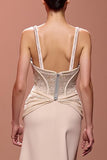 Champagne V-Neck Long Sheath Evening Dress with Sequins