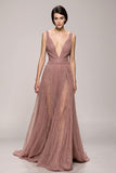 Glitter Pink V-Neck A Line Evening Dress