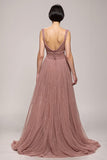 Glitter Pink V-Neck A Line Evening Dress