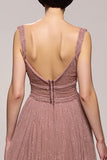 Glitter Pink V-Neck A Line Evening Dress