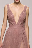 Glitter Pink V-Neck A Line Evening Dress