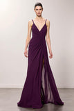Purple Spaghetti Straps Ruched Evening Dress with Slit