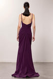 Purple Spaghetti Straps Ruched Evening Dress with Slit