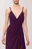 Purple Spaghetti Straps Ruched Evening Dress with Slit