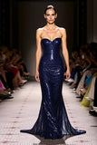 Navy Glitter Strapless Mermaid Evening Dress