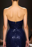 Navy Glitter Strapless Mermaid Evening Dress