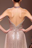Halter A Line Glitter Champagne Evening Dress