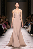 Champagne Spaghetti Straps A Line Evening Dress with Open Back