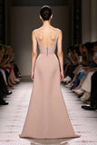 Champagne Spaghetti Straps A Line Evening Dress with Open Back