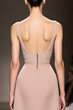 Champagne Spaghetti Straps A Line Evening Dress with Open Back