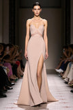 Strapless Backless A Line Champagne Evening Dress with Slit