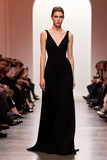 V-Neck A Line Black Evening Dress