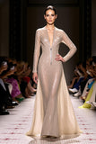 Long Sleeve Cut Out Mermaid Champagne Evening Dress