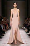 Champagne A Line V-Neck Evening Dress with Slit
