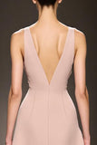 Champagne A Line V-Neck Evening Dress with Slit