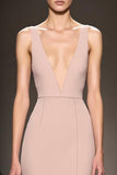 Champagne A Line V-Neck Evening Dress with Slit