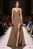 Coffee Strapless A Line Evening Dress with Slit