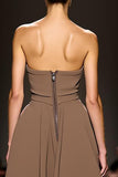 Coffee Strapless A Line Evening Dress with Slit