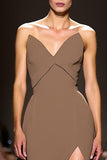 Coffee Strapless A Line Evening Dress with Slit