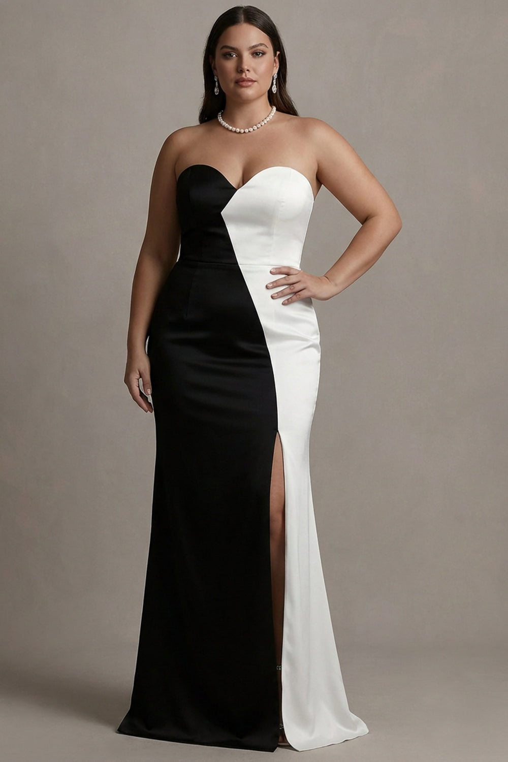 Berylove Women Black and White Formal Dress Strapless Mermaid Plus Size Satin Black Tie Dress with Slit, Black and White / custom Berylove Women Black and White Formal Dress Strapless Mermaid Plus Size Satin Black Tie Dress with Slit, Black and White / custom