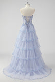 Lavender Strapless Corset Sequin Prom Dress with Slit