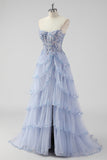 Lavender Strapless Corset Sequin Prom Dress with Slit