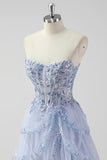 Lavender Strapless Corset Sequin Prom Dress with Slit