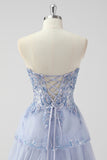 Lavender Strapless Corset Sequin Prom Dress with Slit