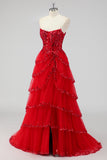Lavender Strapless Corset Sequin Prom Dress with Slit