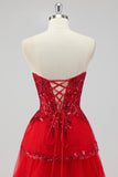 Lavender Strapless Corset Sequin Prom Dress with Slit