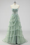 Lavender Strapless Corset Sequin Prom Dress with Slit