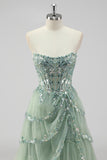 Lavender Strapless Corset Sequin Prom Dress with Slit