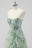 Lavender Strapless Corset Sequin Prom Dress with Slit