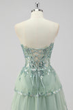 Lavender Strapless Corset Sequin Prom Dress with Slit
