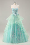 Strapless Appliqued Corset Green Prom Dress with Ruffles
