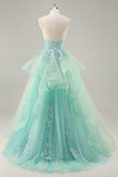 Strapless Appliqued Corset Green Prom Dress with Ruffles
