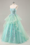 Strapless Appliqued Corset Green Prom Dress with Ruffles