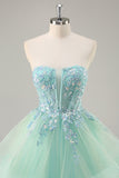 Strapless Appliqued Corset Green Prom Dress with Ruffles