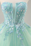 Strapless Appliqued Corset Green Prom Dress with Ruffles