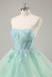 Strapless Appliqued Corset Green Prom Dress with Ruffles