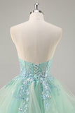 Strapless Appliqued Corset Green Prom Dress with Ruffles