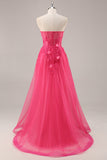 Strapless Appliqued Fuchsia Prom Dress with 3D Flowers