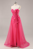 Strapless Appliqued Fuchsia Prom Dress with 3D Flowers