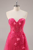 Strapless Appliqued Fuchsia Prom Dress with 3D Flowers