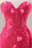 Strapless Appliqued Fuchsia Prom Dress with 3D Flowers