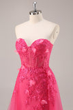 Strapless Appliqued Fuchsia Prom Dress with 3D Flowers