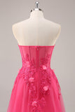 Strapless Appliqued Fuchsia Prom Dress with 3D Flowers