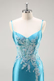 Blue Appliqued Satin Prom Dress with Slit