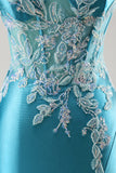 Blue Appliqued Satin Prom Dress with Slit