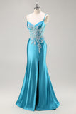Blue Appliqued Satin Prom Dress with Slit